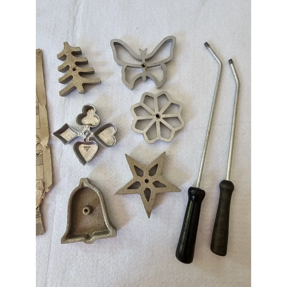 Vintage Rosette Iron Set Patty Shell Timbale Maker 6 Molds Handles Box